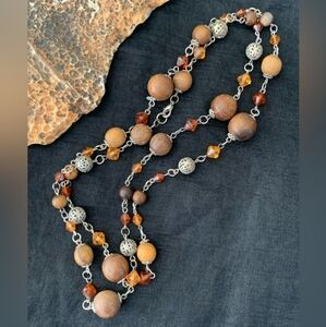 Vintage Boho Wood Beads Necklace Brown Silver Orange